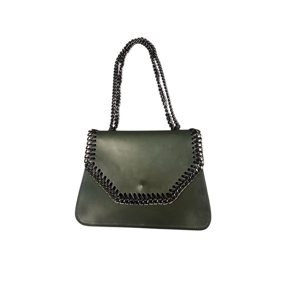 Italian Leather Olive Green Chain Trim Shoulder Bag